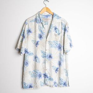 Tommy Bahama Silk Shirt with Blue Hibiscus Floral Print, Size Large